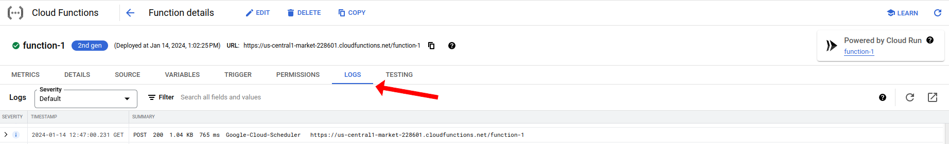 Checking GCP Cloud Function logs