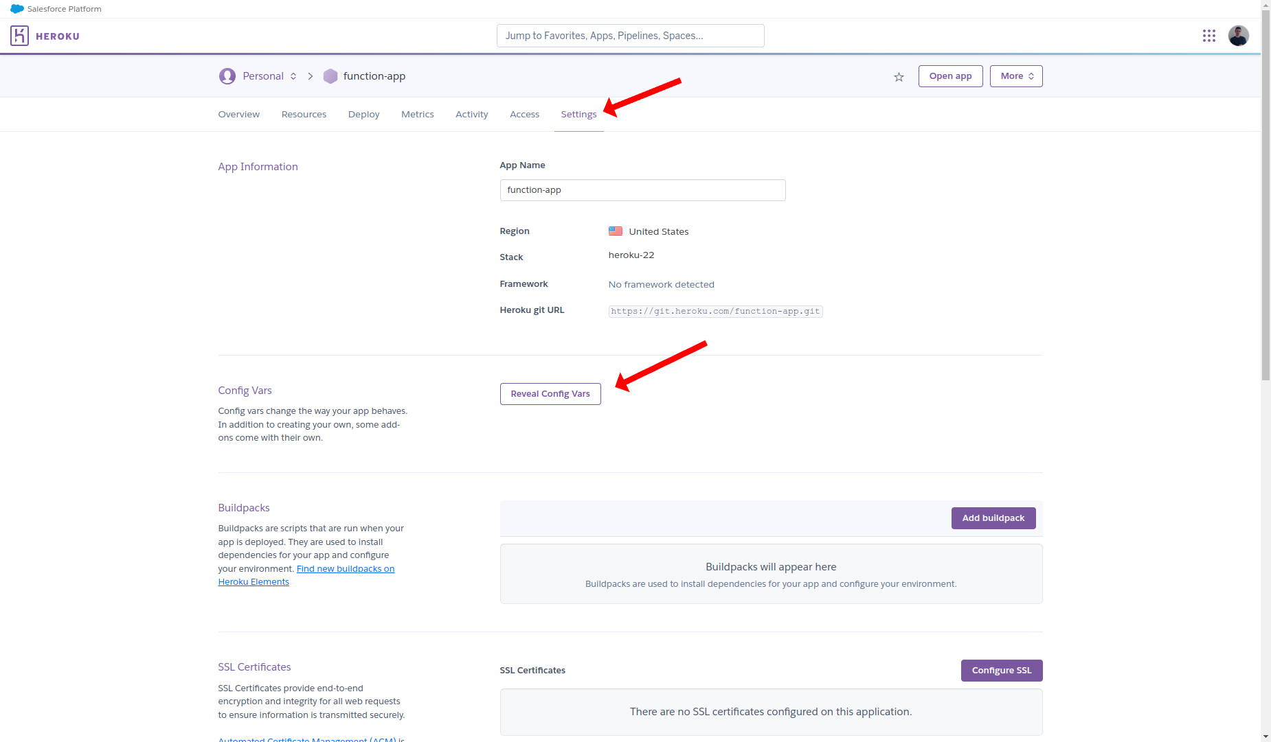 Button to view config vars on Heroku